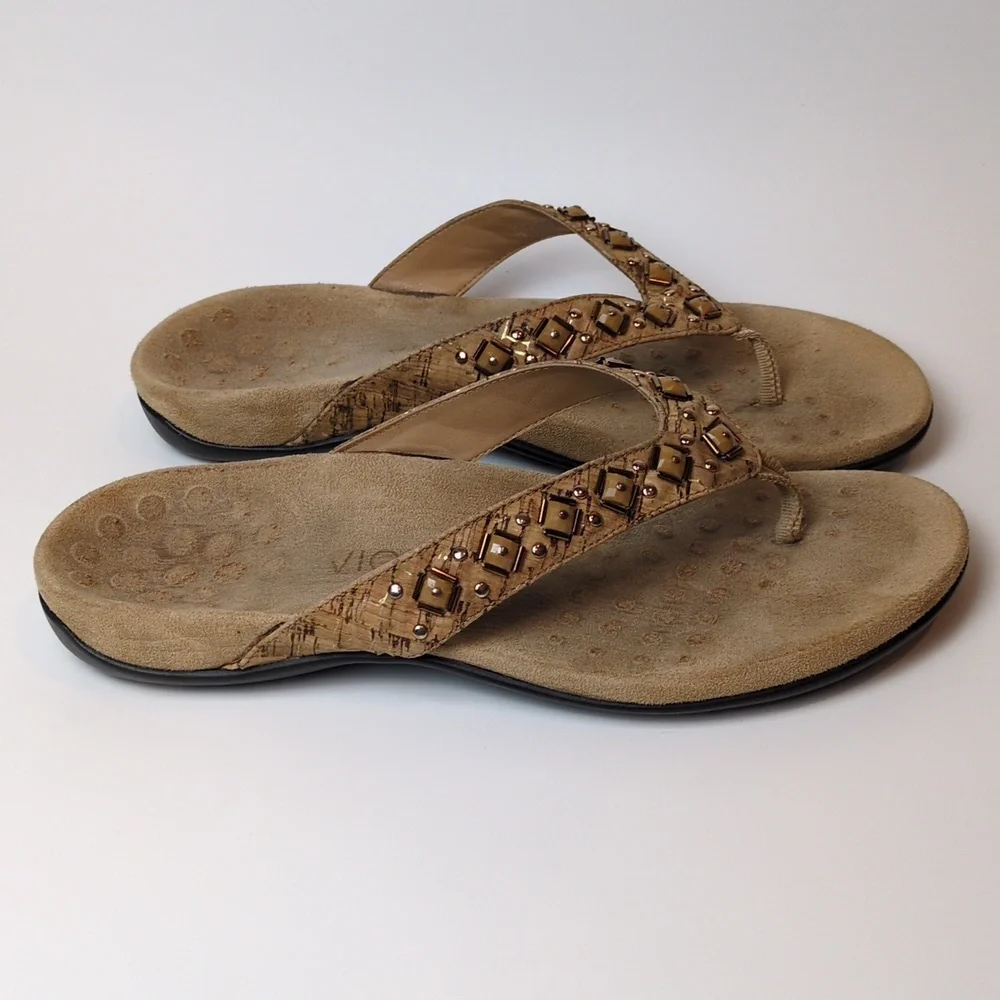 Vionic Floriana Tan Cork Embellished Suede Thong Flip Flop Sandals Women's 9